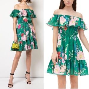 Marchesa Notte Printed Off Shoulder Ruffle Mini Dress Emerald Floral
